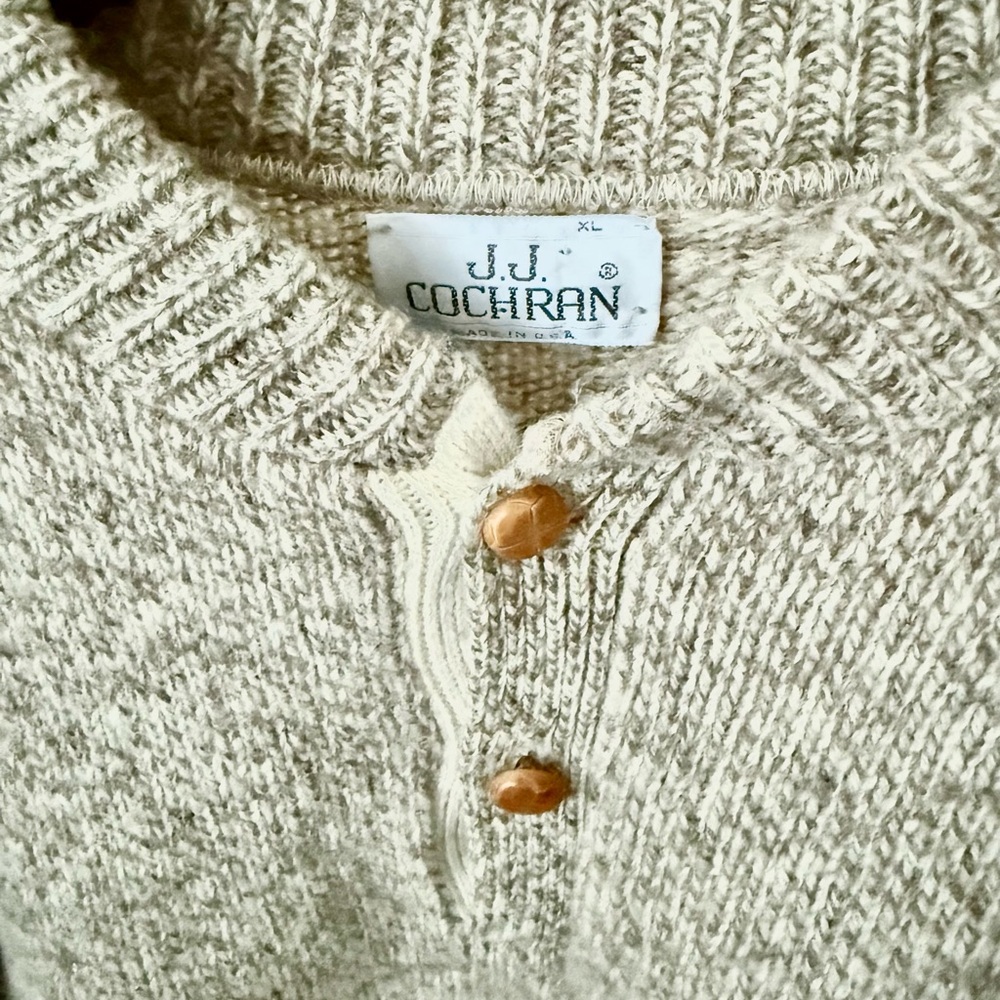 Vintage 80s J.J. Cochran Wool Henley Sweater Oatmeal Chunky Knit L - Picture 10 of 11